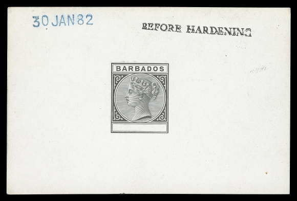 BARBADOS  60-68,Typographed and printed in black on thick white glazed card 92 x 61mm; dated "30 JAN 82" and "BEFORE HARDENING" handstamps at top; a very scarce Master Die Proof with blank value tablet for adopted design for the ½p to 5sh denominations issued 1882 to 1892, ideal for exhibition, VF (SG 89/103)