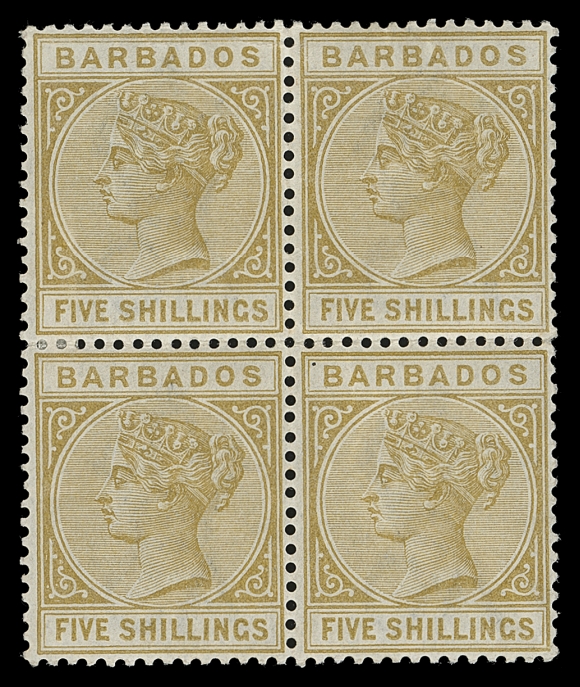 BARBADOS  68,A scarce mint block of four with fresh colour and full OG; few multiples of this high value survive, VF LH (SG 103)