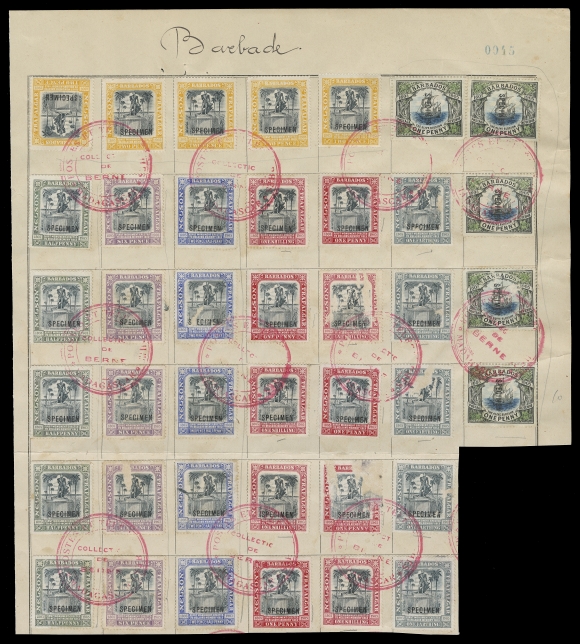 BARBADOS  102-108, 109,Specimen stamps originating from UPU distribution to the French Colony of Madagascar; a total of 40 stamps including five complete sets of the 1906 Nelson Centenary plus five 1906 1p Tercentenary of Annexation, about a half dozen with surface faults. With horizontal (or vertical on 1p Annexation) SPECIMEN overprints in black and cancelled by triple circular "POSTES ET TELEGRAPHES / MADAGASCAR / COLLECTION DE BERNE" handstamps in red to archival ledger page. UNIQUE. (SG 145-151, 152)