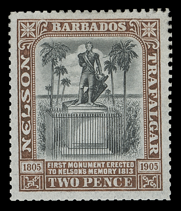 BARBADOS  105,Perforated colour trial on watermarked Crown CC paper, gummed, with vignette in black and frame in brown; an unadopted frame colour for any 1906-1907 issue (2p issued in black and yellow), slightly clipped perfs at foot, a very scarce coloured proof, VF (SG 148 colour trial)