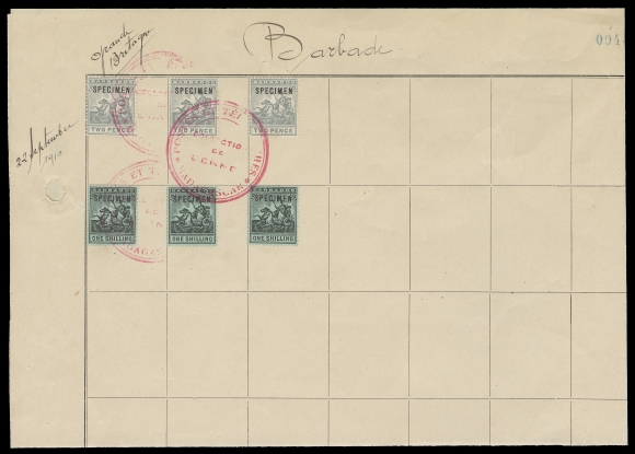 BARBADOS  91/100, 80,Specimen stamps originating from UPU distribution to the French Colony of Madagascar; a total of 16 stamps with three complete sets of five of the 1909-1910 Seal of Colony, watermark Multiple Crown CA, plus a single 1903 2sh6p violet and green, watermark Crown CA. All with horizontal SPECIMEN overprint in black and cancelled by triple circular POSTES ET TELEGRAPHES / MADAGASCAR / COLLECTION DE BERNE" handstamps in red on three archival ledger pages signed by Postmaster General at Madagascar (two are full-size, folded). UNIQUE. (SG 163-169, 115)
