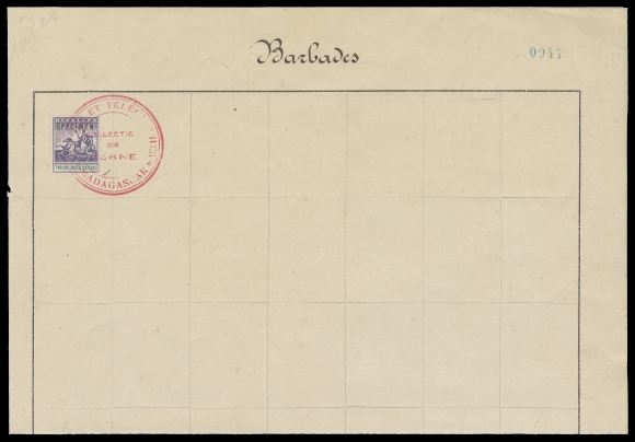 BARBADOS 91/100, 80,Specimen stamps originating from UPU distribution to the French Colony of Madagascar; a total of 16 stamps with three complete sets of five of the 1909-1910 Seal of Colony, watermark Multiple Crown CA, plus a single 1903 2sh6p violet and green, watermark Crown CA. All with horizontal SPECIMEN overprint in black and cancelled by triple circular POSTES ET TELEGRAPHES / MADAGASCAR / COLLECTION DE BERNE" handstamps in red on three archival ledger pages signed by Postmaster General at Madagascar (two are full-size, folded). UNIQUE. (SG 163-169, 115)