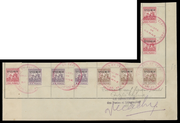 BARBADOS  91/100, 80,Specimen stamps originating from UPU distribution to the French Colony of Madagascar; a total of 16 stamps with three complete sets of five of the 1909-1910 Seal of Colony, watermark Multiple Crown CA, plus a single 1903 2sh6p violet and green, watermark Crown CA. All with horizontal SPECIMEN overprint in black and cancelled by triple circular POSTES ET TELEGRAPHES / MADAGASCAR / COLLECTION DE BERNE" handstamps in red on three archival ledger pages signed by Postmaster General at Madagascar (two are full-size, folded). UNIQUE. (SG 163-169, 115)