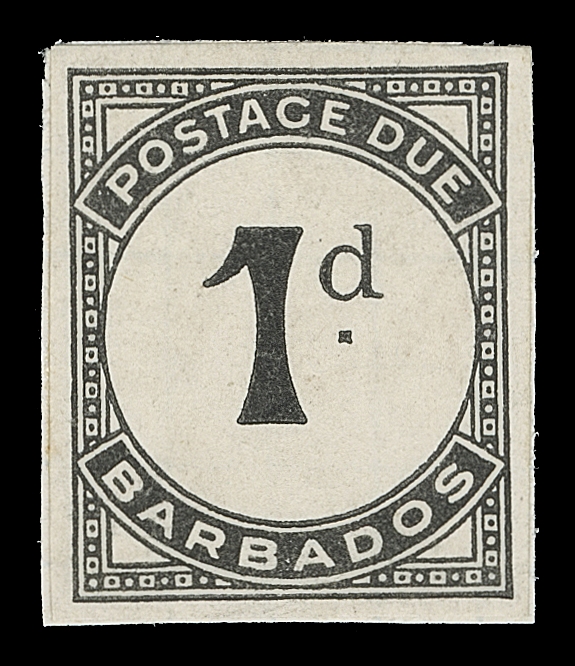 BARBADOS  J1-J2,Set of two "Imprimaturs", imperforate on watermarked stamp paper, mostly large margins; ½p OG with paper hinge remainder, 1p affixed to small thin card. A very rare duo, VF (SG D1-D2) ex. Frank Deakin (April 2010; Lot 336 & 337)