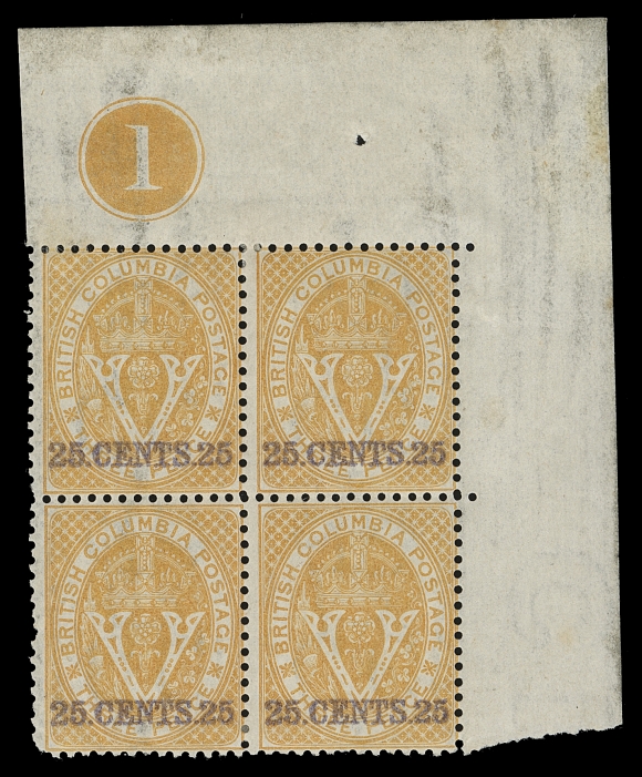 BRITISH COLUMBIA  11,An impressive and exceedingly rare mint corner margin block of  four with De La Rue & Co. Plate Number "1" in coloured circle,  well centered for the issue with rich colour, couple minute perf flaws at lower left and some soiling  in margin which are quite immaterial for such rarity, possessing  unusually clean, full, dull streaky original gum. A wonderful  showpiece which may well be a one-of-a-kind plate numbered block, Fine+ OG / VLHProvenance: Gerald Wellburn, Eaton & Sons, October 1988; Lot 1340