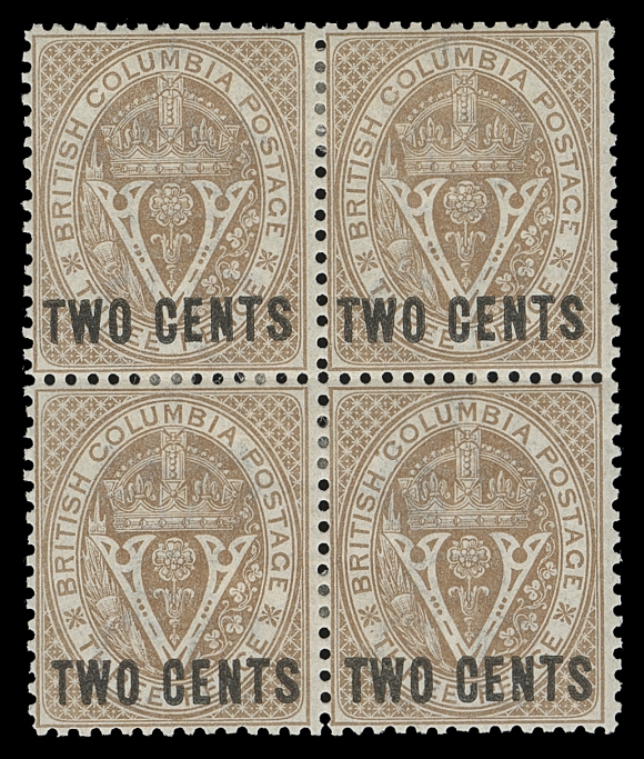 BRITISH COLUMBIA  8,Beautifully fresh mint block of four with above average centering, seldom encountered this nice and retaining large part original gum; a very scarce block, Fine+ (Cat. as singles only)
