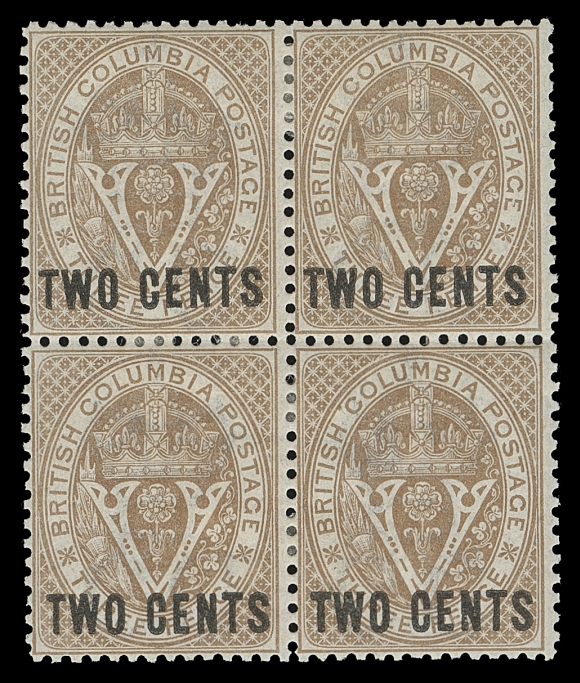 BRITISH COLUMBIA 8,Beautifully fresh mint block of four with above average centering, seldom encountered this nice and retaining large part original gum; a very scarce block, Fine+ (Cat. as singles only)