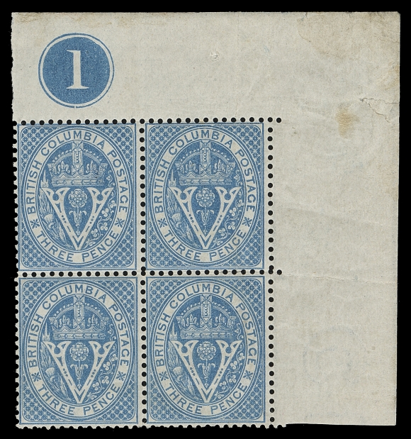 BRITISH COLUMBIA  7,A fabulous upper right Plate "1" number block of four, small edge fault in margin only, vertical crease in right column, hinged in margin only leaving all four stamps with full dull, streaky original gum, NEVER HINGED. The only plate block we are aware of; a great showpiece, VF NHExpertization: 2019 Greene Foundation certificateProvenance: R.V.C. Carr, Firby Auctions, January 2000; Lot 83 - sold for US$3,000 hammer. Quite surprisingly enough, no plate number multiple of the Three pence blue was present in either the Dale-Lichtenstein or Gerald Wellburn collections.