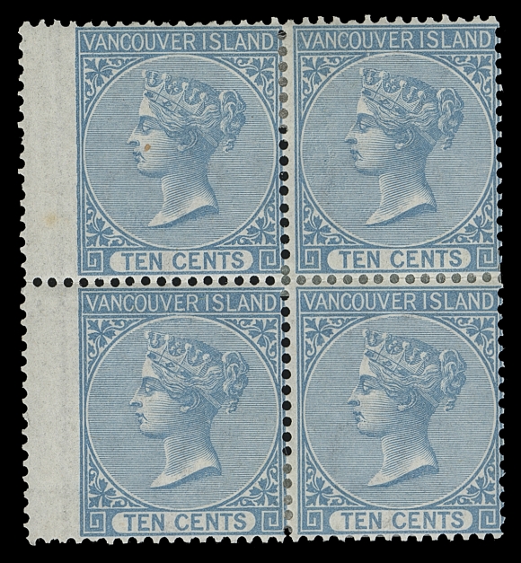 BRITISH COLUMBIA  6,A brilliant, fresh mint block with wing margin at left, a few split perfs reinforced by small hinging; quite well centered for the issue and with unusually large part dull streaky original gum associated with early De La Rue printings, Fine+Provenance: Dale-Lichtenstein, H.R. Harmer LLC (New York), May 2004; Lot 48 A BEAUTIFUL MINT OG BLOCK, VERY SELDOM ENCOUNTERED WITH SUCH LOVELY COLOUR AND CLEAN ORIGINAL GUM. 