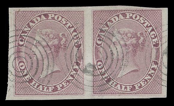 CANADA  8 + variety,A selected used pair printed in a deeper shade, unusually large  margined, tiny thin speck not readily discernible at left, along with the elusive Major Re-entry (Pos. 58) with prominent  doubling marks in "CAN" of "CANADA", in and around "AGE" of  "POSTAGE", sharp concentric rings cancels, very appealing, VF