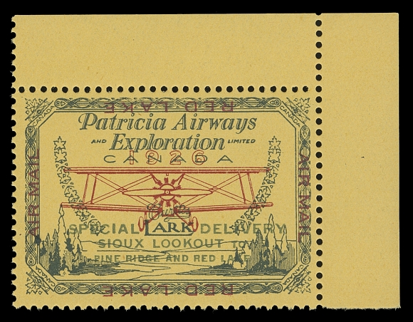 CANADA  CL13i,An extraordinary mint example of the rarely seen INVERTED "RED LAKE" marginal inscriptions; a top right corner margin single with green route inscriptions, slight gum disturbance mostly in margins. A desirable Patricia Airways & Exploration Ltd. airmail error rarity, VF NH (Cat. as hinged)
