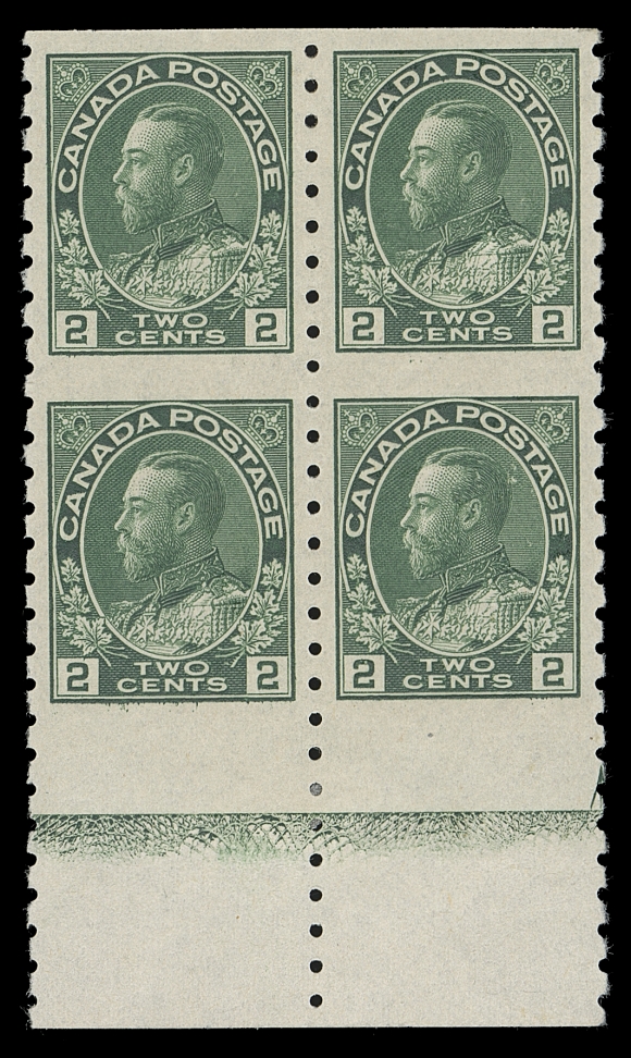 CANADA  128ai,An exceptionally well centered and fresh mint block of four with intact perforations, two physical traits and difficult to find as such, displaying the strongest strength impression of Type D lathework we have seen (most examples show a mere trace), also with large portion of guide arrow at lower right. Slight gum disturbance from previous adherence, however overall quality is well-above average, VF+ OG