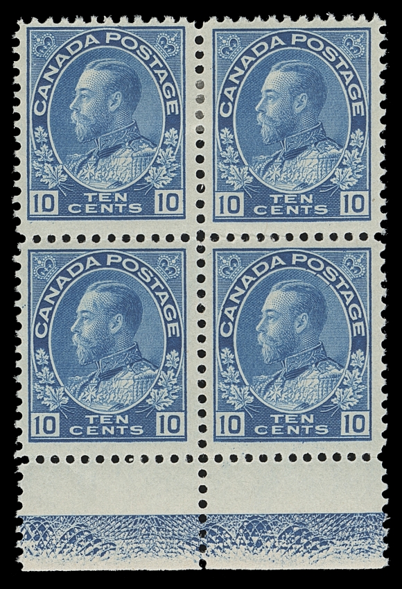 CANADA  117,A post office fresh mint block showing 80% strength Type D lathework, noticeably better than one is accustomed to seeing, hinge remnants on top pair, the key lower pair with pristine original gum, never hinged. An appealing block, VF (Unitrade cat. as two lathework singles)
