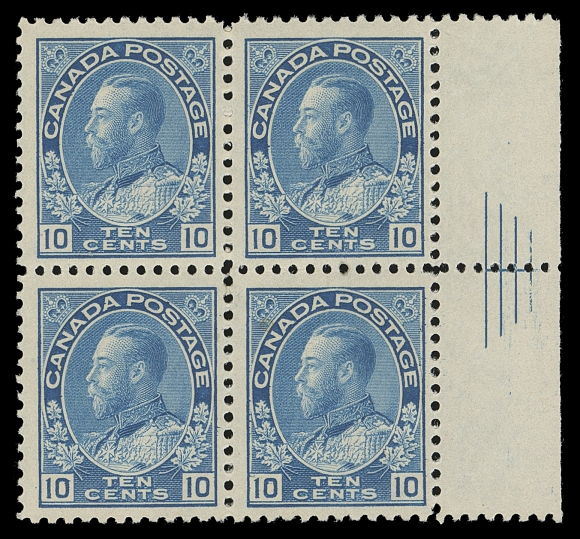 CANADA  117iv,A remarkable mint block of four in an exceptional bright shade, displaying the elusive Pyramid Guide in the right margin, nicely centered. In our opinion one of the scarcest Pyramid Guide blocks of the entire issue, VF LH
