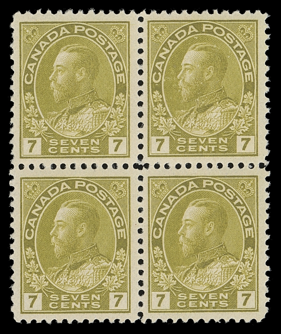 CANADA  113c,An outstanding mint block of four of this rare and unmistakable shade, displaying impressive centering and printed in a true deeper shade than normally seen, minute natural gum inclusion on top right stamp, full original gum and NEVER HINGED. One of the most challenging shades of the entire Admiral issue and virtually non-existent as a VF NH block

Expertization: 1995 Greene Foundation certificate (old number 113ii, now 113c) and described as "block of four, sage green shade, mint O.G., NH"
