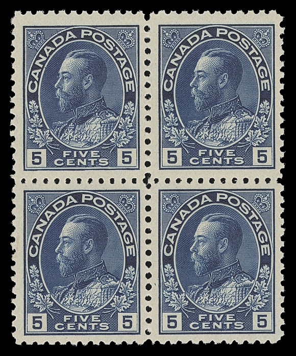 CANADA  111a,A remarkable mint block of this distinctive first printing, showing characteristic 
smaller perforation holes unusually intact all around, true deep rich colour and equally deep impression, faint hinging on lower left stamp leaving three NEVER HINGED. A very scarce multiple in superior condition, VF+