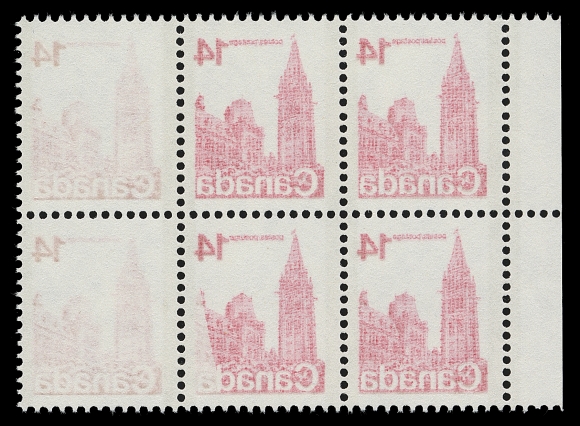 CANADA  715vii + v,Left margin mint block of six, showing full reverse offset image on gum side of three stamps and almost complete on another, scarce, VF NH (Unitrade cat. for three singles)

The "Light in Window" variety (found on Plate 1 & 2 at Position 32) is shown on obverse of bottom centre stamp.