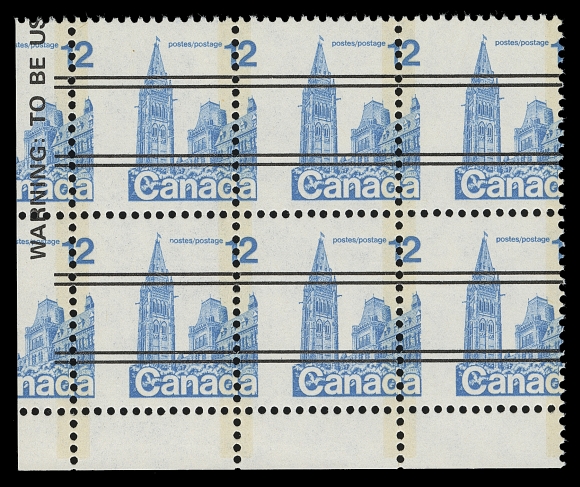 CANADA  714xx + variety,Lower left corner block of six with Major printing shift (15mm to left); the tagging and precancel along with part Warning strip are normal and not shifted, VF NH