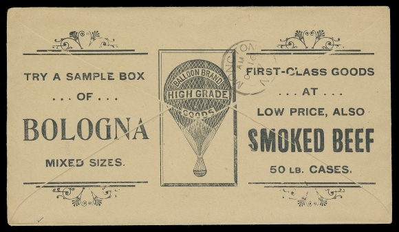 CANADA  1897 (October 15) John Hopkins Balloon Brand High Grade Goods / Bologna & Smoked Beef all-over advertising on reverse of clean cover, franked with a well centered, jumbo margined 3c vermilion tied by neat St. John NB squared circle to Moncton with next-day receiver, VF+ (Unitrade 41)