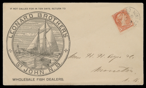 CANADA  1895 (October 29) Leonard Brothers Wholesale Fish Dealers / Ship & Lighthouse superb illustrated cover, 3c vermilion tied by Mont & St. John, NB / E / C.P. Ry (Gray QC-251) Railway post office CDS to Moncton with clear next-day receiver, VF and very attractive (Unitrade 41)