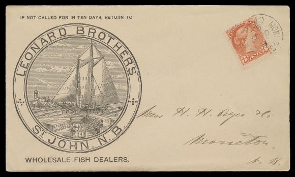 CANADA 1895 (October 29) Leonard Brothers Wholesale Fish Dealers / Ship & Lighthouse superb illustrated cover, 3c vermilion tied by Mont & St. John, NB / E / C.P. Ry (Gray QC-251) Railway post office CDS to Moncton with clear next-day receiver, VF and very attractive (Unitrade 41)