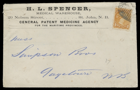 CANADA  1872 (August) H.L. Spencer, Medical Warehouse & General Patent Medicine Agency advert cover, bearing a well centered First Ottawa printing 1c deep orange, tied by oval mute grid, paying the 1 cent (per ounce) unsealed circular rate; original content enclosed comprised of five items - includes two-page printed letter dated August 1872, two Colgate soap advert card & printed slip, Medicinal Plasters yellow advert card and a self-addressed returned envelope. A most unusual and very early advertising cover, VF (Unitrade 35ii)