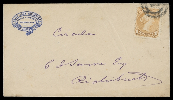 CANADA  Undated (circa. 1869) Saint John Advertiser "ribbon" engraved in blue advertising envelope, endorsed "Circular" and sent unsealed to Richibucto, bearing single 1c yellow orange tied by partial two-ring 