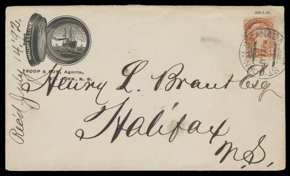 CANADA  1892 (July 12) Troop & Son, Agents Mallory S.S. Line / "Ship seen through porthole" illustrated advert cover bearing 3c vermilion tied by precursor St. John, NB datestamp to Halifax, next-day receiver backstamp, most appealing, VF (Unitrade 41)