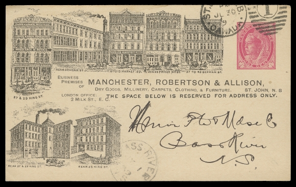 CANADA  1899 (June 30) Manchester, Robertson & Allison Limited, Dry Goods, Millinery, Carpets, Clothing & Furniture, all-over illustrated advertising 1c red Leaf postal stationery card; handwritten message from the Furniture Department, cancelled by St. John, NB duplex to Bass River, NS with JY 1 99 CDS receiver on front, Acadia Mines, NS transit CDS on back; unusual all-over advert on postal stationery, VF (Webb P18)