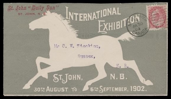 CANADA  1902 (July 30) St. John "Daily Sun" International Exhibition "Horse Racing" all-over illustration in grey on white envelope, 2c carmine, Die I Numeral tied by St. John, NB duplex, part of backflap missing, Sussex same-day receiver on back, VF and pretty (Unitrade 77)
