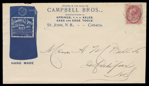 CANADA  Matching pair of Campbell Bros Springs, Axles, Axes and Edge Tools advertising covers, one in black and one in dark blue, quite similar ad on front but with different illustrated advertising on back, both bearing a 2c carmine, Die I Numeral tied by MY 11 02 and AU 2 02 CDS to Halifax, former with couple extraneous ink spots, nevertheless VF (Unitrade 77)