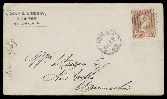 CANADA  1869 (November 15) Logan & Lindsay imprint envelope with all-over advertising on back displaying 20 different adlets, bearing Large Queen 3c red on medium wove paper cancelled by central oval grid "o" cancel, St. John, NB dispatch CDS, addressed to Miramichi with Newcastle NO 18 receiver backstamp. A lovely Large Queen advert cover in great condition, VF (Unitrade 25)