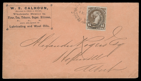 CANADA 1871 (March 16) W.S. Calhoun Dealer in Flour, Tea, Tobacco, Sugar, Molasses advertising on salmon coloured envelope in remarkably choice condition, bearing a single 6c brown (Plate 2) on the very distinctive soft, chalk white "blotting" paper, the sharpest impression one can hope to find on Large Queen stamps - a characteristic of this scarcer printing, cancelled by two-ring