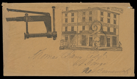 CANADA  1856 (September 6) W. Tisdale & Son brown orange envelope with handwritten letter content, illustrating its Premises, delivery cart and a industrial clamp, rated "3" (pence to collect) handstamp in black from St. John to St. George, mostly clear St. John dispatch and clear St. George SP 9 1856 receiver backstamp. Small imperfections along edges, the EARLIEST RECORDED New Brunswick Advertising Cover, Fine and rare