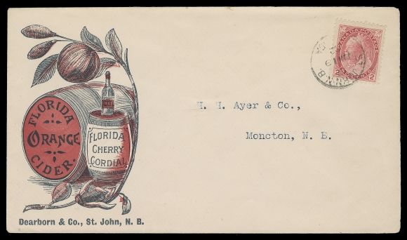 CANADA  Dearborn & Co. Florida Orange Cider & Cherry Cordial illustrated advertising - on four covers and one card, postmarked at St. John between July 1898 and June 1902, showing similar illustrated advertising, but company name font type and / or colour being different, four addressed to Moncton and card to Inverness, NS, VF; a nice group (Unitrade 67, 76, 77, 77a)