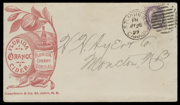 CANADA  Dearborn & Co. Florida Orange Cider & Cherry Cordial illustrated advertising - on four covers and one card, postmarked at St. John between July 1898 and June 1902, showing similar illustrated advertising, but company name font type and / or colour being different, four addressed to Moncton and card to Inverness, NS, VF; a nice group (Unitrade 67, 76, 77, 77a)