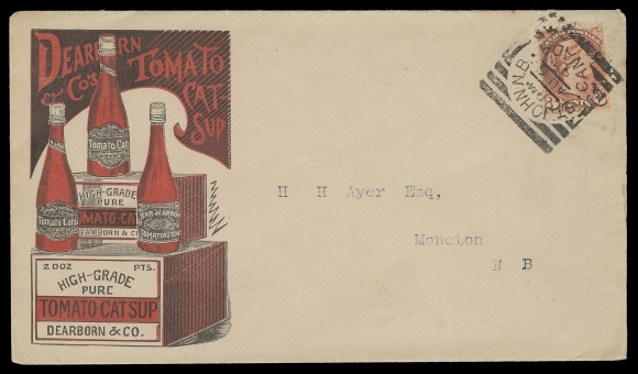 CANADA  1897 (August 6) Dearborn & Co. "Superior" Tomato Catsup & Bar-Harbor Tomato Ketchup, superb bicoloured illustrated advertising cover, 3c vermilion tied by St. John, NB squared circle, small cover tear away from stamp. A great Small Queen advertising cover, VF (Unitrade 41)