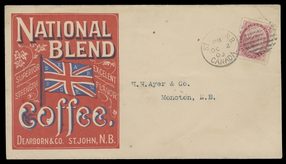 CANADA  Dearborn & Co. National Blend Coffee bicoloured illustrated advertising; two different covers - one with angled backflaps and the other with side seams, Union Jack in red and blue on former and in orange and blue on latter. Both with 2c carmine, Die I Numeral, tied by St. John, NB OC 2 00 and JA 23 01 duplex respectively to Moncton with receiver backstamps, VF (Unitrade 77)