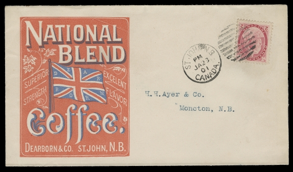 CANADA  Dearborn & Co. National Blend Coffee bicoloured illustrated advertising; two different covers - one with angled backflaps and the other with side seams, Union Jack in red and blue on former and in orange and blue on latter. Both with 2c carmine, Die I Numeral, tied by St. John, NB OC 2 00 and JA 23 01 duplex respectively to Moncton with receiver backstamps, VF (Unitrade 77)