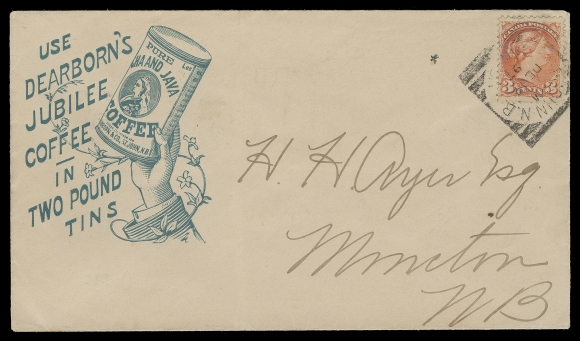 CANADA Dearborn & Co. Jubilee Coffee illustrated advertising - two different colours - in blue green and in brown, former with 3c vermilion tied by St. John, NB squared circle to Moncton; latter with 2c purple Numeral tied by St. John, NB CDS to Glace Bay, Cape Breton, a neat duo, VF (Unitrade 41, 76)