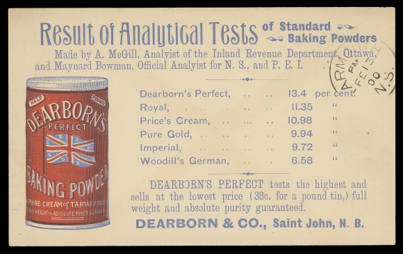 CANADA  Dearborn & Co. Perfect "Union Jack" Baking Powder; 1900 (February 12) 1c Leaf postal card and 1915 (September 17) 1c green & 2c carmine Admiral franking on envelope. Showing two different all-over bicoloured illustrated advertising on reverse, VF (Unitrade 104, 106, Webb P17) 