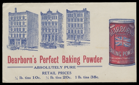 CANADA  Dearborn & Co. Perfect "Union Jack" Baking Powder; 1900 (February 12) 1c Leaf postal card and 1915 (September 17) 1c green & 2c carmine Admiral franking on envelope. Showing two different all-over bicoloured illustrated advertising on reverse, VF (Unitrade 104, 106, Webb P17) 