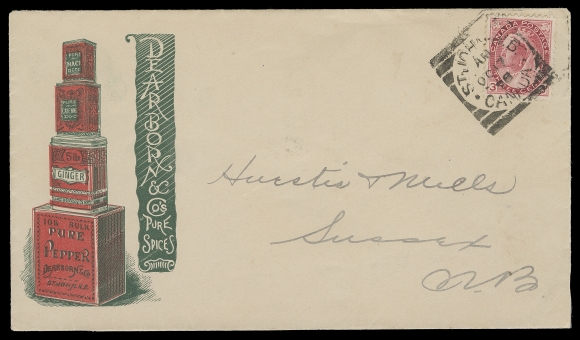 CANADA  Dearborn & Co. Pure Spices illustrated covers; similar design, one in blue green, red & black franked with 3c Leaf (small corner fault); other in dark green, red & black franked with 3c Numeral. Tied by St. John squared circle datestamp - AP 14 98 and OC 17 98 respectively, VF (Unitrade 69, 78)