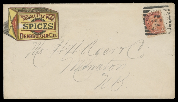 CANADA  1896 (February 13) Dearborn & Co. Spices multi-coloured illustrated advertising cover with four different illustrated products being shown on reverse, 3c vermilion tied by St. John, NB squared circle to Moncton, NB with receiver backstamp, VF and attractive (Unitrade 41)