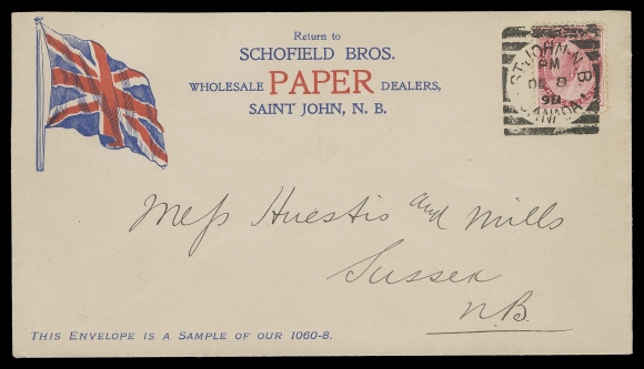 CANADA  1898 (December 8) Schofield Bros. Wholesale Paper Dealers with patriotic "Union Jack" flag illustrated advert cover in clean, fresh condition, bearing 3c Numeral tied by superb St. John, NB squared circle to Sussex, NB; backstamp Vincent G. Greene, VF+ (Unitrade 78)