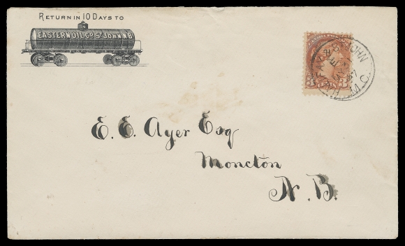 CANADA  1897 (May 31) Eastern Oil Co. Railway tank car illustrated advertising envelope, 3c vermilion tied by Halifax & St. John M.C. / E / MY 31 97 Railway Post Office CDS (Gray MT-164) to Moncton, VF (Unitrade 41)