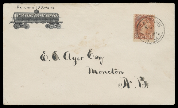 CANADA 1897 (May 31) Eastern Oil Co. Railway tank car illustrated advertising envelope, 3c vermilion tied by Halifax & St. John M.C. / E / MY 31 97 Railway Post Office CDS (Gray MT-164) to Moncton, VF (Unitrade 41)