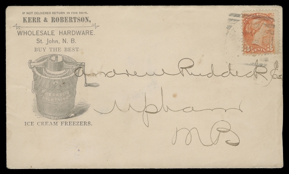 CANADA  Kerr & Robertson Wholesale Hardware; two different advertising covers - one with Ice Cream Freezer and the other with an Axe and large Bucksaw on reverse. Both franked with 3c vermilion, former tied by light St. John, NB AP  22 95 squared circle, latter with pre-usage wrinkle tied by superb St. John NO 27 94 duplex, F-VF (Unitrade 41)