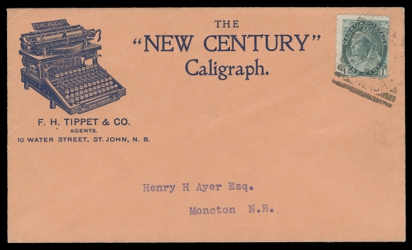 CANADA  1899 (August 31) Registered cover from Newcastle Creek, NB with (RF 70) squared circle boldly struck in upright position at top left, stamps cancelled in transit at Sheffield, mailed to Gagetown, NB bearing a 1c Numeral alongside three 2c on 3c Numerals; Gagetown CDS receiver on back, small tear at foot; pays 2c letter rate + 5 cent registration fee, F-VF (Unitrade 75, 88)