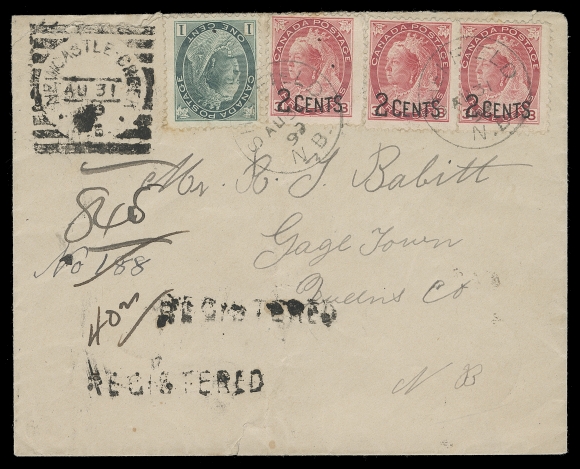 CANADA  1899 (August 31) Registered cover mailed from Sheffield, NB to Gagetown, NB, bearing 1c Numeral alongside three single 2c on 3c Numeral provisional stamps tied by dispatch CDS; Newcastle Creek, NB (RF 70) squared circle has been boldly struck in upright position at top left in transit, Gagetown CDS receiver on back, small tear at foot; pays 2c letter rate + 5 cent registration fee, F-VF (Unitrade 75, 88)